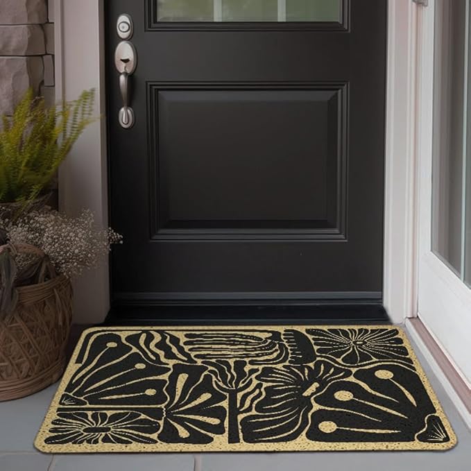 Boho Beige and Black Floral Door Mat - Bohemian Neutral Floral Front Door Welcome Mats Outdoor Entrance, 17x30 Rug