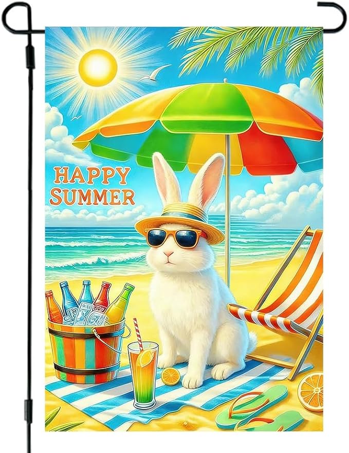 Summer Garden Flag 12x18 Double Sided, Burlap Outdoor Beach Sea Bunny Garden Flags Summer Coastal Decorations, Small Decorative Ocean Yard Flags for Outside Lawn Porch Décor