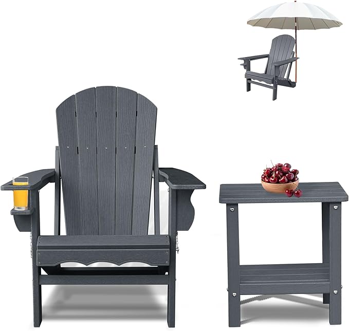 Folding Adirondack Chairs, Oversized HDPE Adirondack Chairs with Side Table and Cup Holder, Outdoor Fire Pit Chairs for Patio Garden and Backyard, Deck, Grey