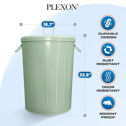 Plexon Large Metal Trash Can with Lid 20 Gallon, Decorative Outdoor Trash Can Heavy Duty Galvanized Metal Bucket with Lid for Garage Workshop Ash Storage Farmhouse, Green 2 Pack