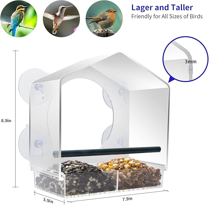 Window Bird Feeder with 4 Extra Strong Suction Cups, Large Outdoor Bird House for Cardinals Bluebird Chickadees etc.