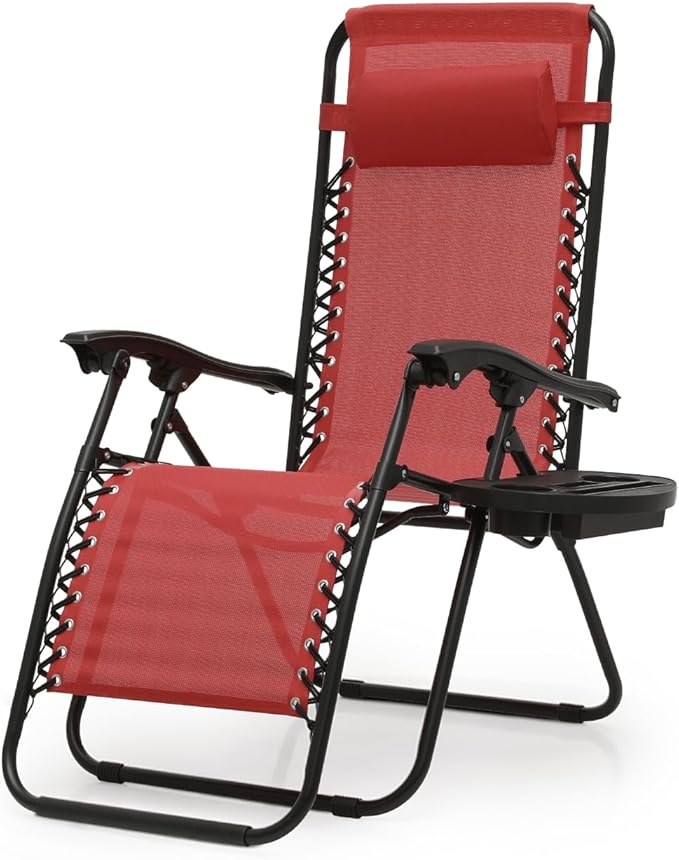 Zero Gravity Chairs, Portable Folding Reclining Lounge Chairs with Adjustable Pillow and Cup Holder Trays for Outdoor, Patio, Beach, Camping, Garden, Poolside, Wine Red
