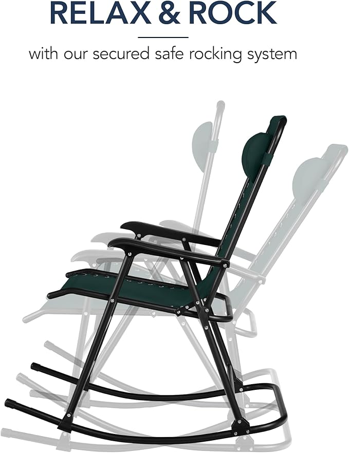 Best Choice Products Outdoor Folding Rocking Chair, Zero Gravity Lounge Chair, Patio Rocker w/Headrest Pillow - Forest Green