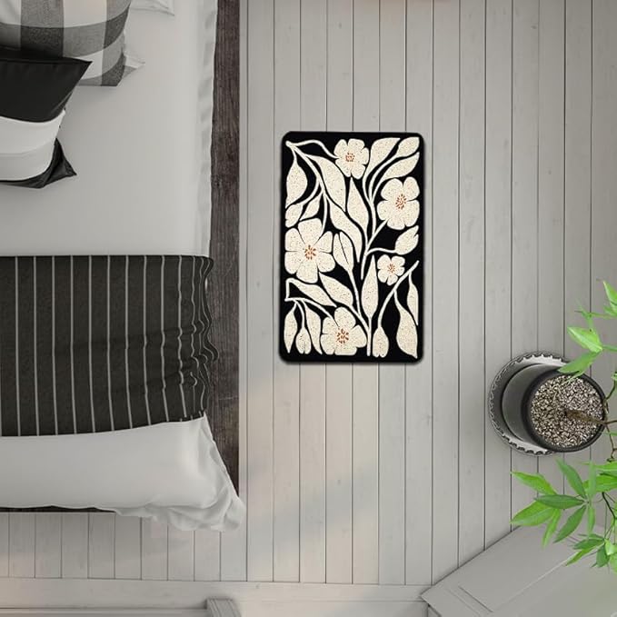 Boho Beige and Black Floral Door Mat - Bohemian Neutral Floral Front Door Welcome Mats Outdoor Entrance, 17x30 Rug