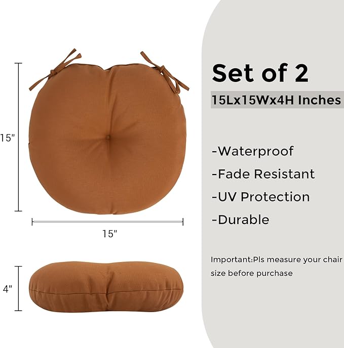 Bistro Chair Cushions 15 inch,Set of 2,Tufted Round Chair Cushions with Ties,15"x15"x4",Water Resistant Round Seat Cushion for Barstool Chairs,Patio Garden Kitchen Outdoor Furniture(Caramel Orange)