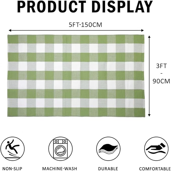 SEEKSEE Cotton Buffalo Plaid Rug 3'x5' Grass Green and White Checked Rug Washable Doormats Indoor Outdoor Rugs for Layered Front Door Mats, Porch, Kitchen, Farmhouse, Entryway