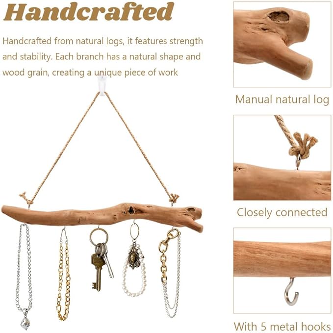 1Pc 15 Inch Natural Driftwood Decorative Branches Farmhouse Home Wall Hanging Decor Hanging Jewelry Organizers with 5 Hooks Decorative Farmhouse Home Wall Decor