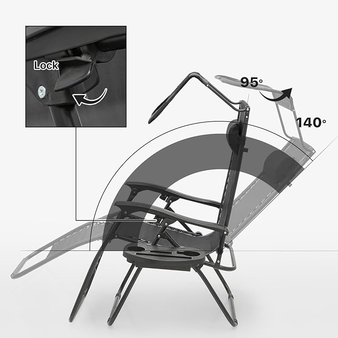 Magshion Zero Gravity Lounge Chair with Canopy, Outdoor Foldable Patio Reclining Chair with Side Tray, Adjustable Anti-Gravity Recliner with Pillow Headrest, Lounger for Lawn Camping Beach (Black)