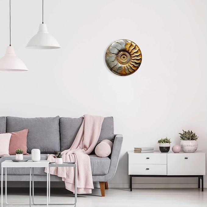 Nautilus Shell tin sign, Vintage Ammonite Fossil metal sign Print Aesthetic Room Decoration for Home Bedroom Bar Cafe Garden and Outdoor Round Wall Decor (12 inch)