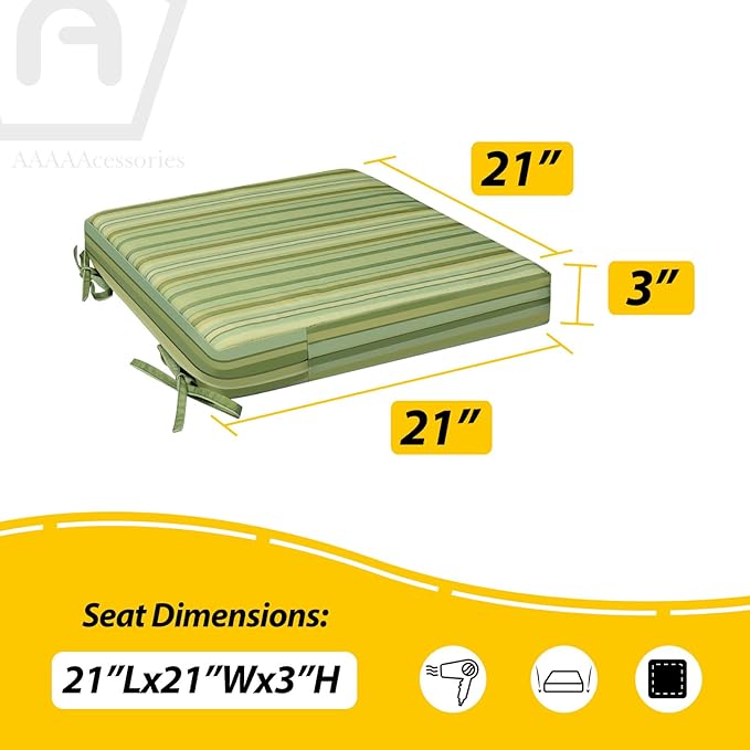 AAAAAcessories Outdoor Seat Cushions for Chairs, Waterproof, Fade-Resistant, 21" x 21" x 3", Patio Furniture Replacement Cushions, Set of 2, Mossy Forest Stripe