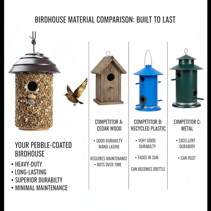 Outdoor Wren Bird House with River Pebble Composite Roof – Decorative Wooden Nesting Box for Wrens, Finches & Small Songbirds – Weather-Resistant Hanging Backyard Habitat, 10 Years (Black
