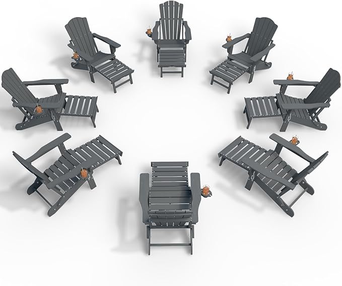 Folding Adjustable Adirondack Chairs with Ottoman & 1 Cup Holders Set of 8, HDEP Multifunctional Adirondack Chair with Footrest,Grey