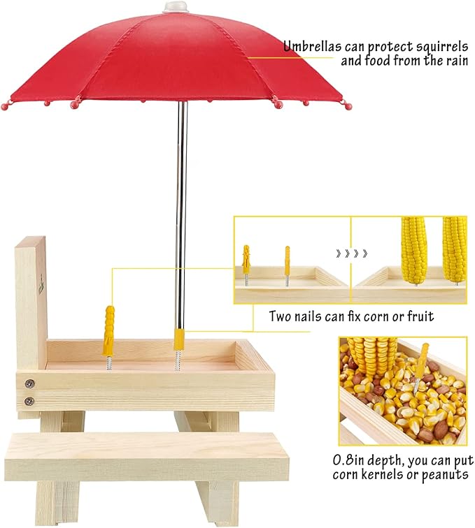 MIXXIDEA Squirrel Feeder Table with Umbrella, Wooden Squirrel Picnic Table Feeder, Sturdy Squirrels Feeder Corn Cob Holder, with Solid Structure and 2 x Thick Benches(1pk)