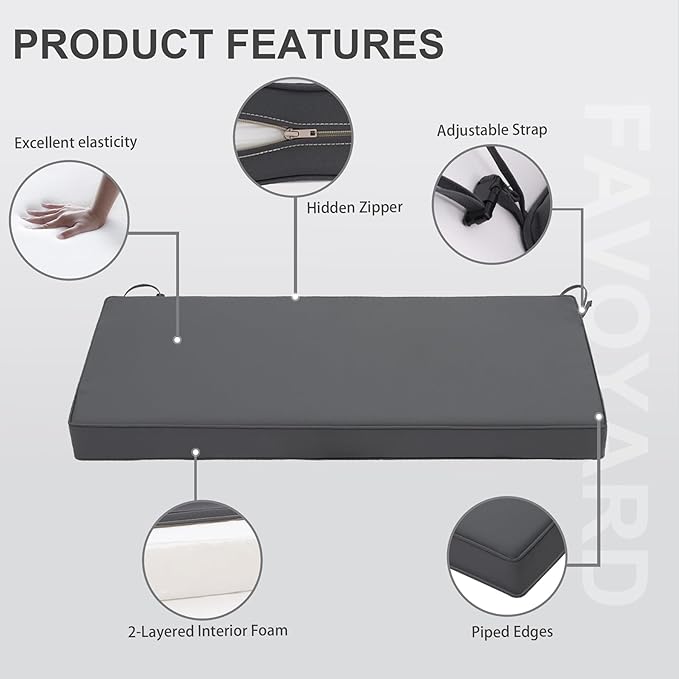 Favoyard Outdoor Bench Cushion 42 x 18 Inch Waterproof Patio Furniture Cushions 3-Year Color Fastness Garden Sofa Settee Couch Swing Pads with Handle and Adjustable Straps, Dark Gray