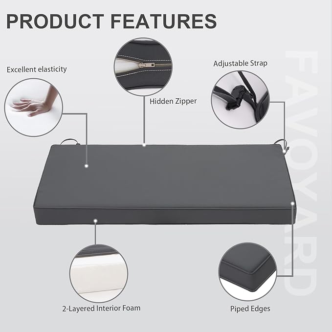Favoyard Outdoor Bench Cushion 45 x 18 Inch Waterproof Patio Furniture Cushions 3-Year Color Fastness Garden Sofa Settee Couch Swing Pads with Handle and Adjustable Straps, Dark Gray
