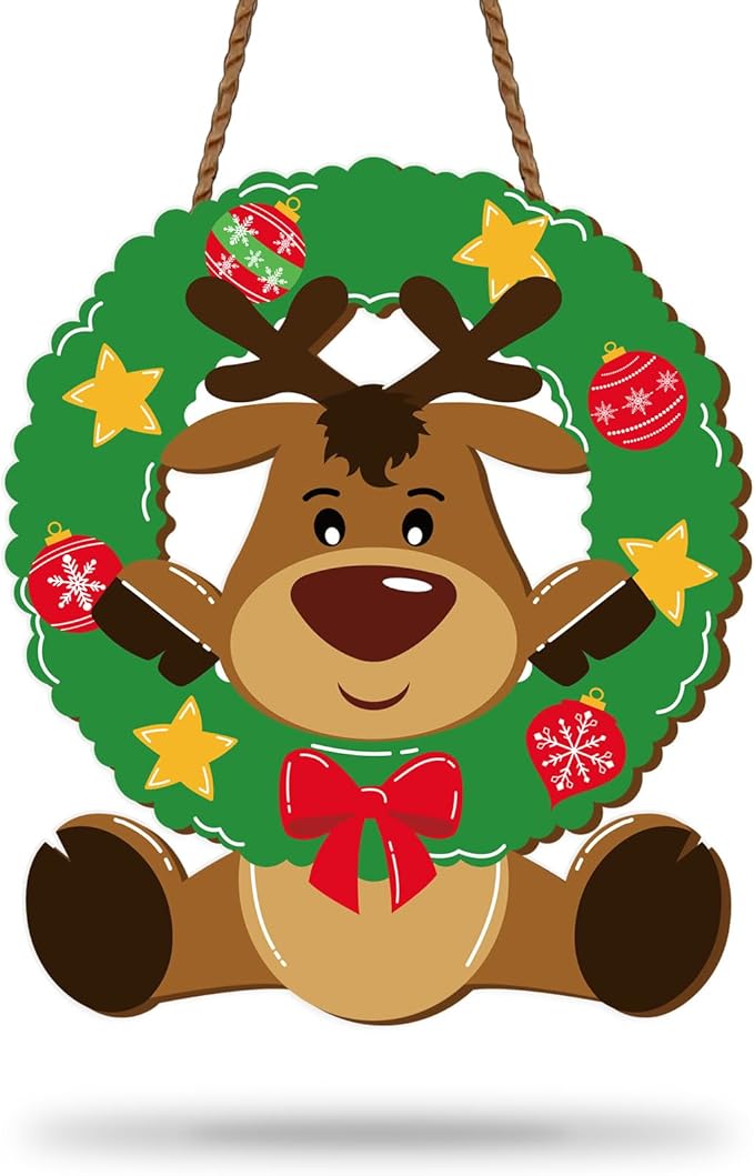 Whaline Christmas Reindeer Wooden Hanging Sign Xmas Cute Reindeer Wreath Welcome Wood Sign Holiday Door Decor Signs for Farmhouse Home Indoor Outdoor Porch Wall Office Decor