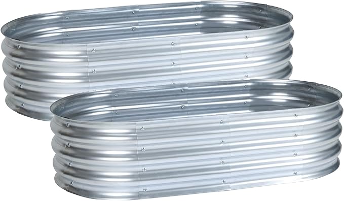 Aoodor 2PCS Galvanized Raised Garden Bed Kit, 4 x 2 x 1 Ft, Oval Planter Boxes for Vegetables, Flowers, and Herbs, Outdoor Use, Silver