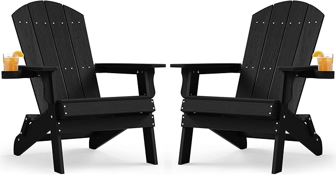 YEFU Adirondack Chair Set of 2, Folding Oversized Plastic Adirondack Chair with Cup Holder, Lawn Chair with Weather Resistant for Outdoor Deck Garden, Weight Capacity Up to 400 Lbs–Black