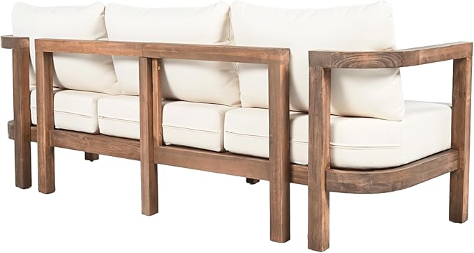 Christopher Knight Home Havets 74.75"W Outdoor 3 Seater Sofa, 6" Thick Cushion Couch, Acacia Wood Bench Sofa, Slats Panel Open Back, Spacious Seating Bench Couch for Backyard Garden Porch, Brown+Beige