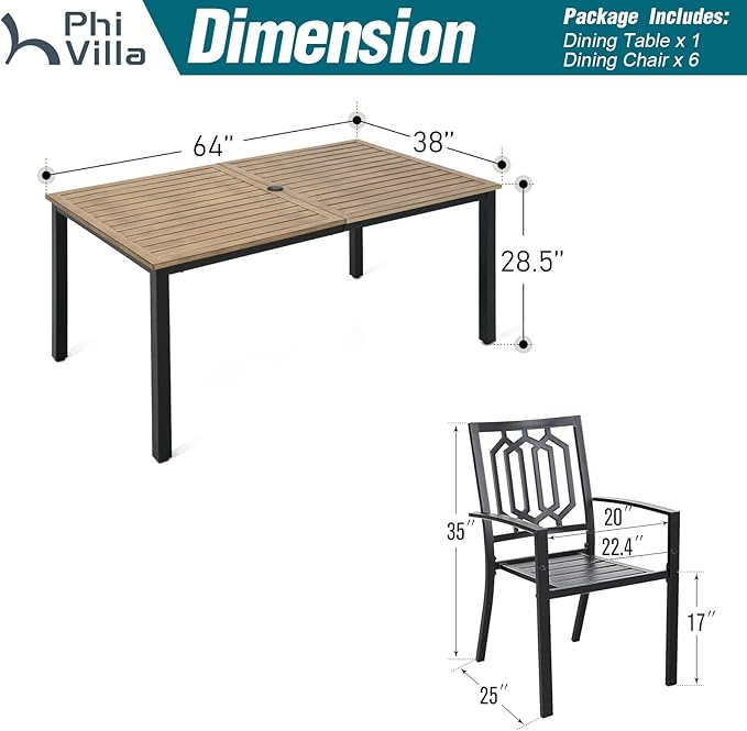 PHI VILLA 7 Pieces Outdoor Dining Set for 6, 65” Brown Wood-Like Metal Steel Table & Stackable Iron Chairs, Heavy-Duty Outside Furniture with Umbrella Hole for Patio, Deck, Yard, Porch