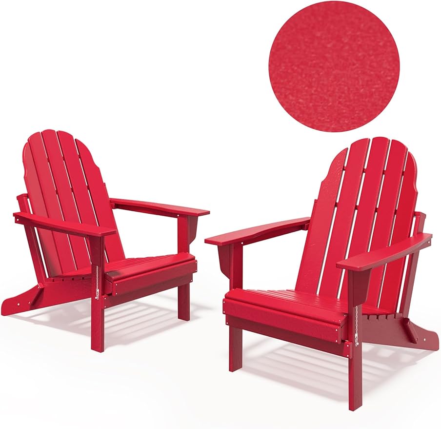 Folding Adirondack Chair - Durable HDPE Poly Lumber All-Weather Resistant, Foldable Oversized Balcony Porch Patio Outdoor Chair for Lawn, Backyard, Deck, Garden, Camping - Easy Installation, Red