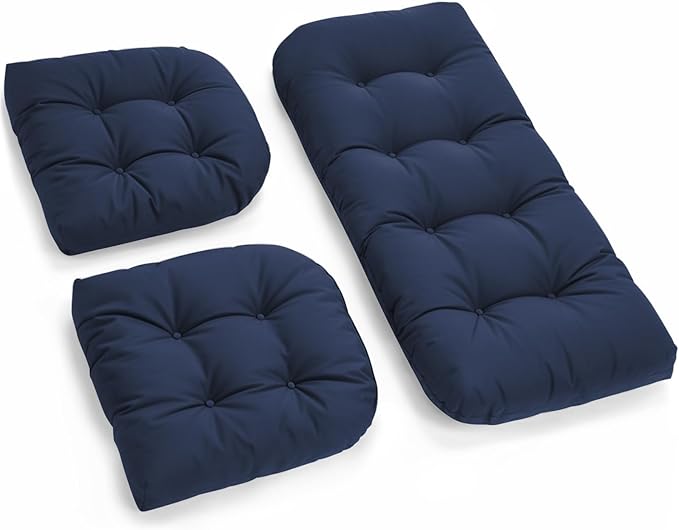 All Weather 3 Pieces Wicker Chair Cushions, Waterproof Outdoor Wicker Chair Cushion for Patio Furniture Loveseat Settee Bench, 1 Loveseat and 2 U-Shaped Thickened Cushions, Navy