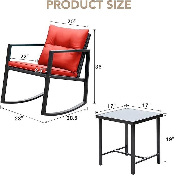 Devoko 3 Piece Rocking Bistro Set Wicker Patio Outdoor Furniture Porch Chairs Conversation Sets with Glass Coffee Table (Red)