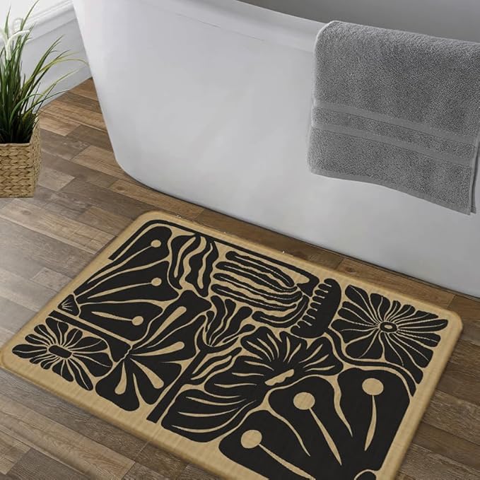Boho Beige and Black Floral Door Mat - Bohemian Neutral Floral Front Door Welcome Mats Outdoor Entrance, 17x30 Rug