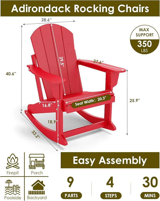GREENVINES Adirondack Rocking Chair | HDPE Plastic | Porch Rocker | Chair for Outdoor Patio Deck | All Weather | Red