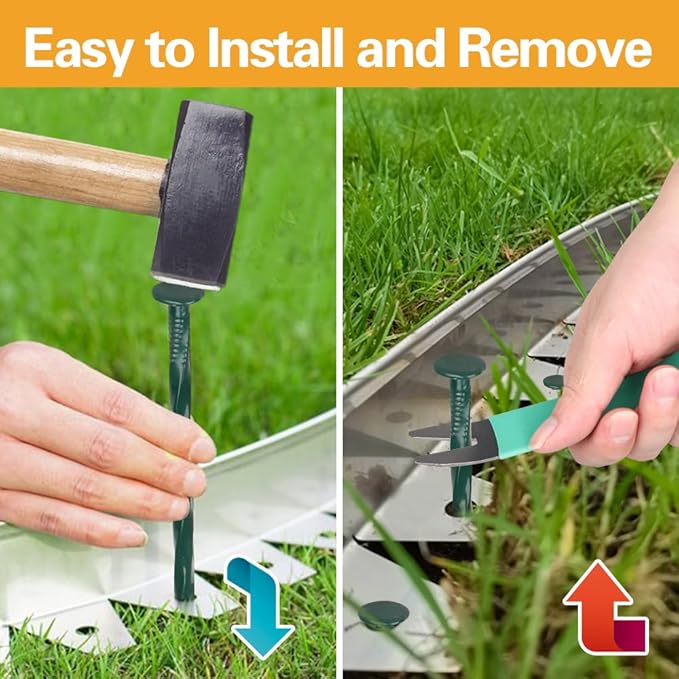 Bakulyor 50 Pack Metal Landscape Stakes, 8 Inch Artificial Grass Nails, 6 Gauge Large Landscaping Staples, Green Edging Anchor Stake for Garden Ground Lawn Paver Timber Border Weed Barrier Spikes 8"