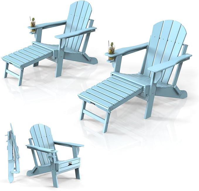 VINGLI Folding Adirondack Chair Set of 2 with Ottoman, Waterproof Plastic HDPE Firepit Chair for Outside with Hidden Footrests, Foldable Ergonomics Seating for Patio Porch Yard Garden(Blue)
