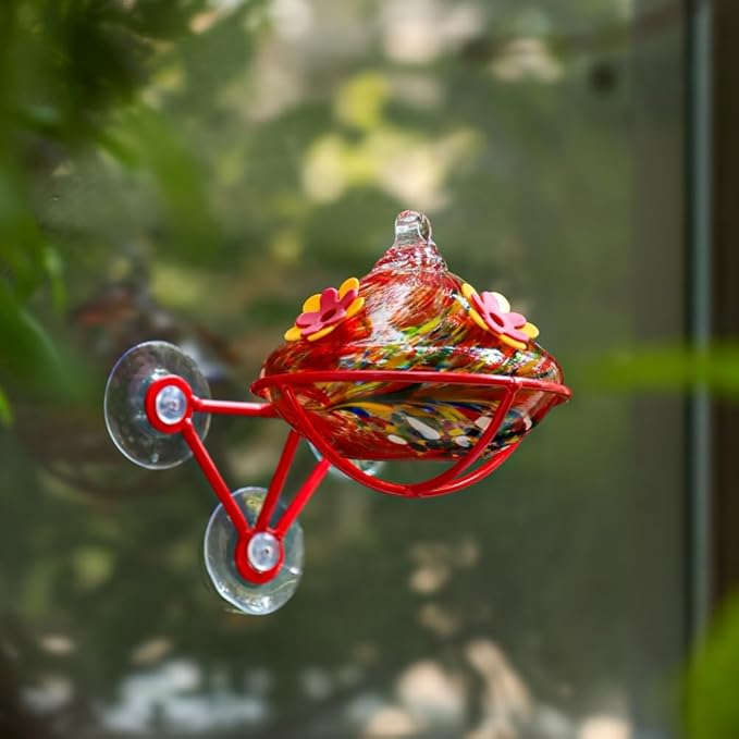 Window Hummingbird Feeder - Hand Blown Glass Mounted Hummingbird Feeder with Strong Suction Cups for Outdoor Window Mount (Red)