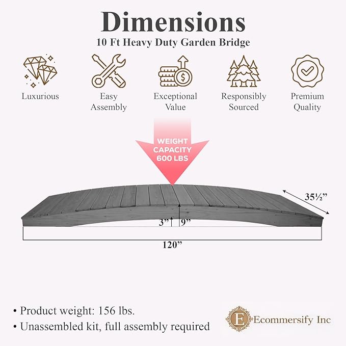 10 FT Grey Amish Made Pinewood Heavy Duty Garden Bridge for Walkway, Backyard Pond & Landscaping, Outdoor Wooden Footbridge for Koi Pond, Japanese Style Decorative Bridge, Made in USA