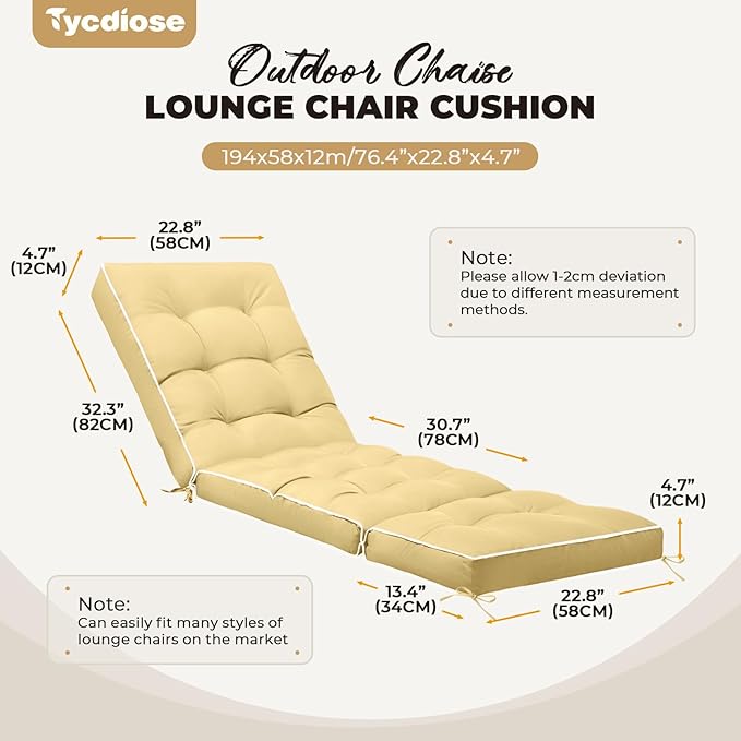 Outdoor Chaise Lounge Chair Cushion, Waterproof Non-Slip Patio Chaise Lounge Cushions for Outdoor Furniture, Thickened Patio Pool Lounger Chair Cushion, 76.4 x 22.8 x 4.7 Inches, Khaki