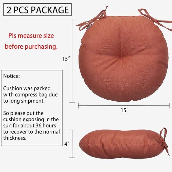 Magpie Fabrics Outdoor Round Bistro Seat Cushions with Ties, 15"x15"x4" Set of 2, Tufted Waterproof Barstool Chair Pads for Patio Home Garden Office, Coral