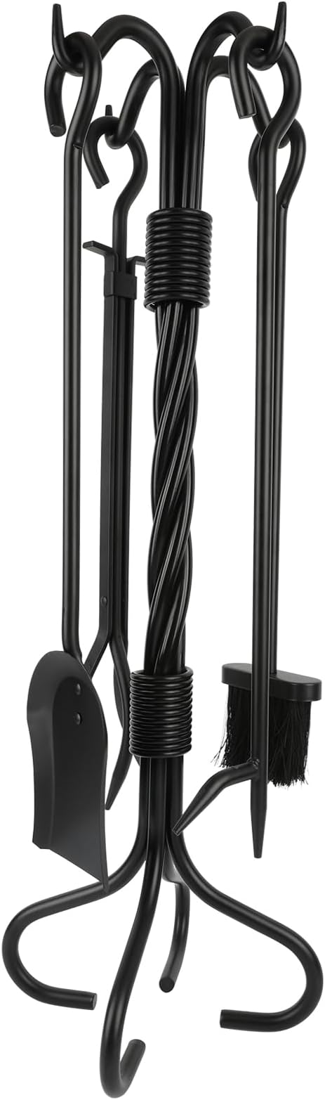 5-Piece Fireplace Tools Set Wrought Iron - NO Assembly - Heavy Duty 32" Solid Steel Fire Poker Set for Outdoor Fire Pit & Wood Stove - Fire Place Set with Tongs, Shovel, Brush, Stand