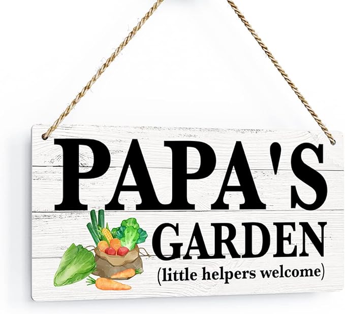 Papa's Garden Outdoor Garden Wooden Hanging Sign Decor, Indoor Outdoor Garden Decoration Signs, Little Helpers Welcome, Yard Art Decor, Father's Day Birthday Gifts for Dad Grandpa, 12x6 Inches
