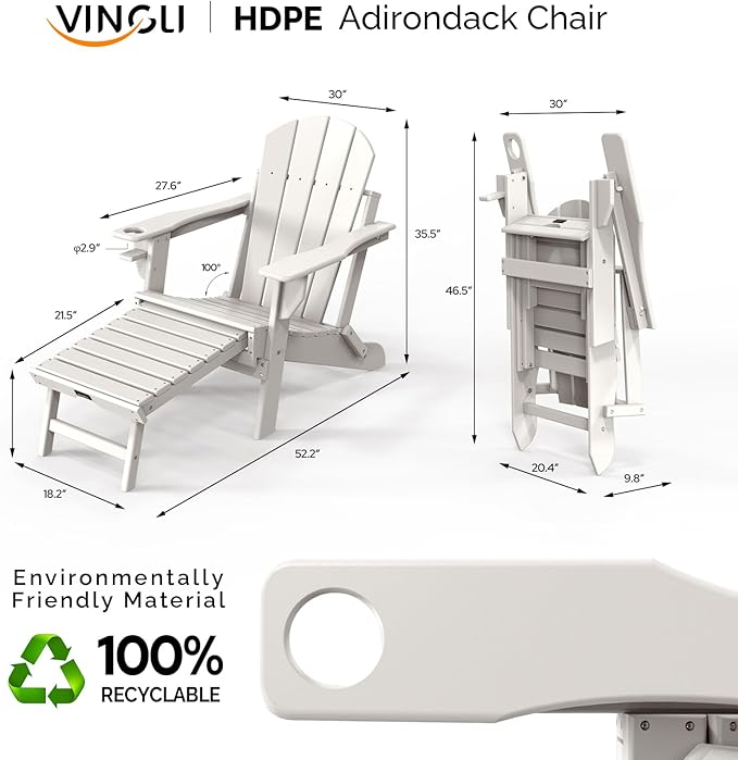 VINGLI Folding Adirondack Chair Set of 2 with Ottoman, Waterproof Plastic HDPE Firepit Chair for Outside with Hidden Footrests, Foldable Ergonomics Seating for Patio Porch Yard Garden(White)