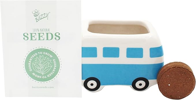 BUZZY Seeds Mini Ceramic Flower Bus Grow Kit, 4-Pack – Colorful Retro Bus Planters with Daisy, Cosmos, Calendula & Coneflower Seeds, All-in-One Seed Starter Gift Set