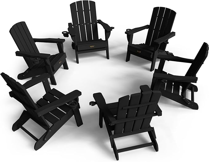 Folding Adirondack Chair 6 Pack, HDPE All-Weather Fire Pit Chairs, Plastic Adirondack Chairs with 2 Cup Holder, Outdoor Lawn Chair for Patio Garden (Black)