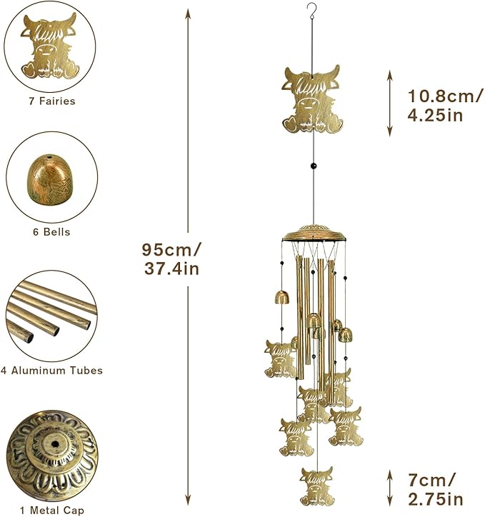 Highland Cow Wind Chimes Outdoor - Large Memorial Wind Chimes for Loss of Loved One, Cute Metals Hanging Highlands Cattle Wind Spinner Decor for Garden, Patio, Backyard, Porch