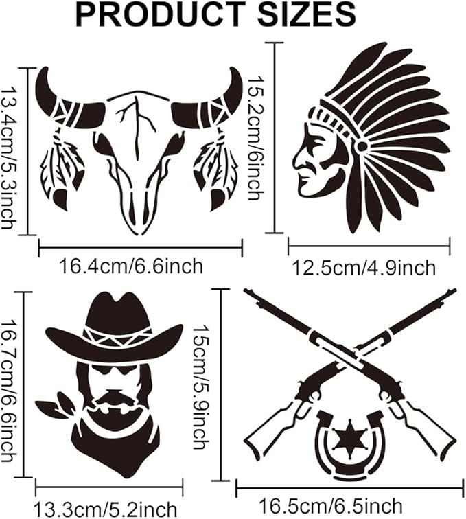 MAYJOYDIY 2pcs Western Cowboy Tribal Stencils 11.8×11.8inch Large Cowboy Boots Hat Cow Skull Stencils with Paint Brush Square Cowboy Theme Drawing Template for Wood Canvas Furniture Craft Decor