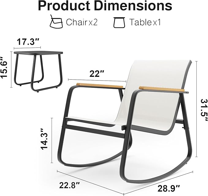 Aiho 3-Piece Patio Furniture Set, Outdoor Furniture with Textilene Fabric Rocker Chairs with Coffee Table, Patio Bistro Sets for Garden, Balcony, Poolside(White)