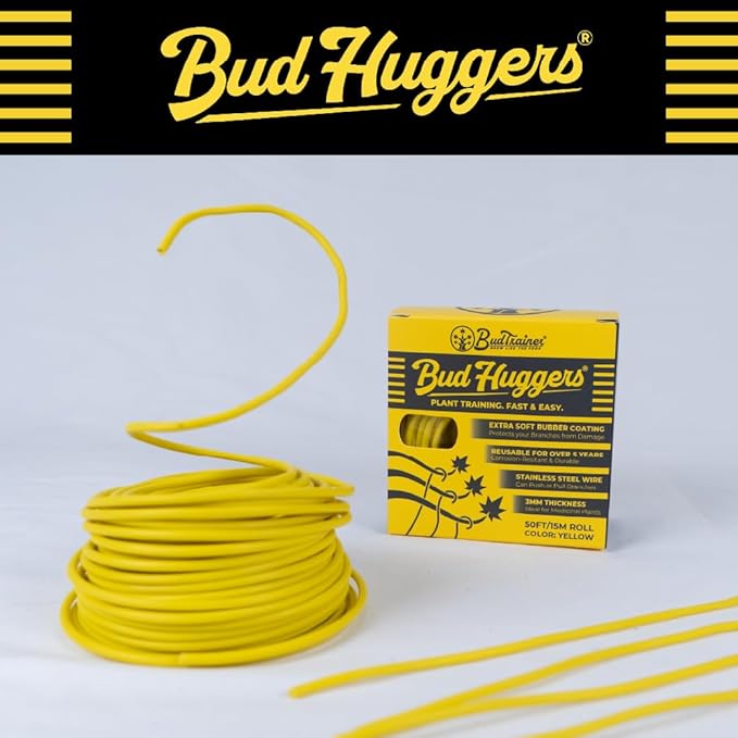 BudHuggers for Optimal Plant Training | 50ft (15M) | 3mm Thick Garden Wire Ties | Flexible & Durable | Rubber Plant Ties to Yield Bigger Buds, Stronger Branches & Larger Canopies (Yellow)
