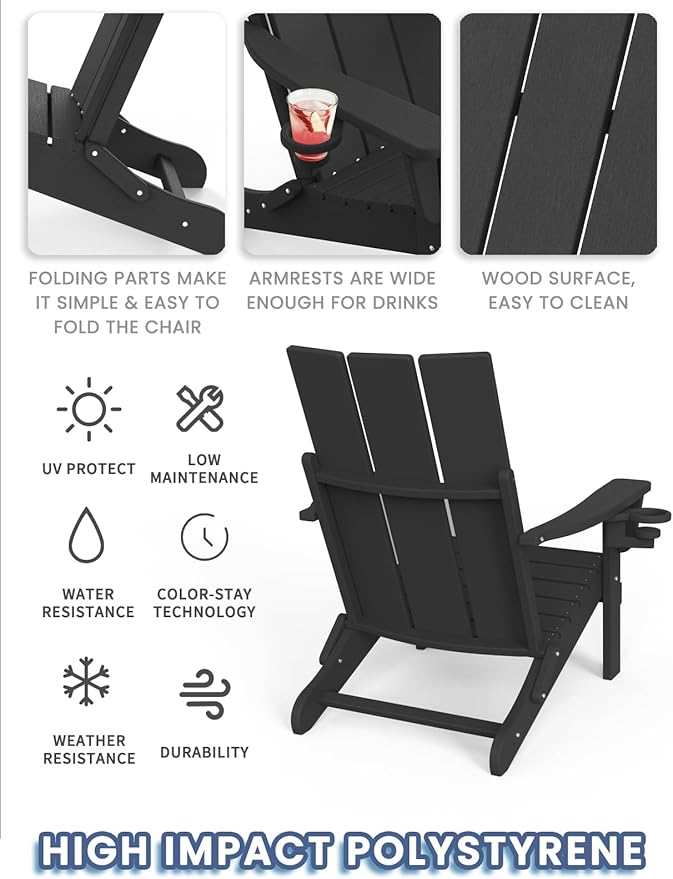 Adirondack Chair with Cup Holder, Folding Outdoor Lawn Chair, HDPE Plastic Fire Pit Chair, Weather Resistant Patio Chairs for Deck, Porch, Backyard, Garden