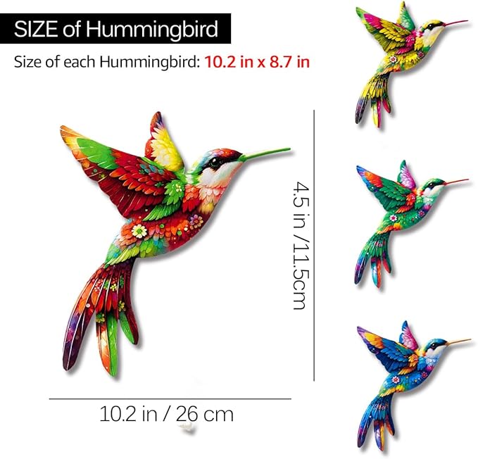 Metal Hummingbird Outdoor Decor - 10'' Hummingbird Wall Hanging Decorations for Outside Fence Garden Yard Patio Decor, Gift for Mom Friends (Set of 4)