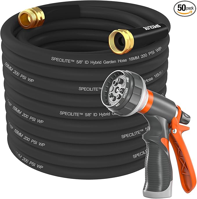 SPECILITE Garden Water Hose 50 ft x 5/8 in Heavy Duty, Flexible and Lightweight, Burst 600 psi, Kink-less Hybrid Rubber Pipe for Backyard, 3/4'' Brass Fittings, Black