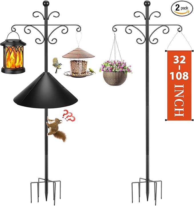Bird Feeder Pole for Outdoors Heavy Duty Squirrel Proof, 2 Pack 108 Inch Adjustable Tall Shepherds Hooks for Outdoor with 7 Prongs Base, Double Shepherd Hooks (2 Pack Black, 108 Inch)