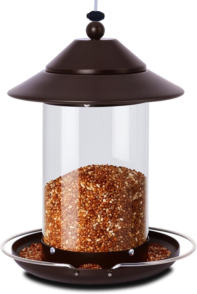 Metal Bird Feeder for Outdoors Hanging, 2.4LB Seed Feeder 360-degree, Weatherproof & Rust-Resistant, Easy to Fill & Clean for Wild Bird Feeders in Backyard & Garden (Brown)