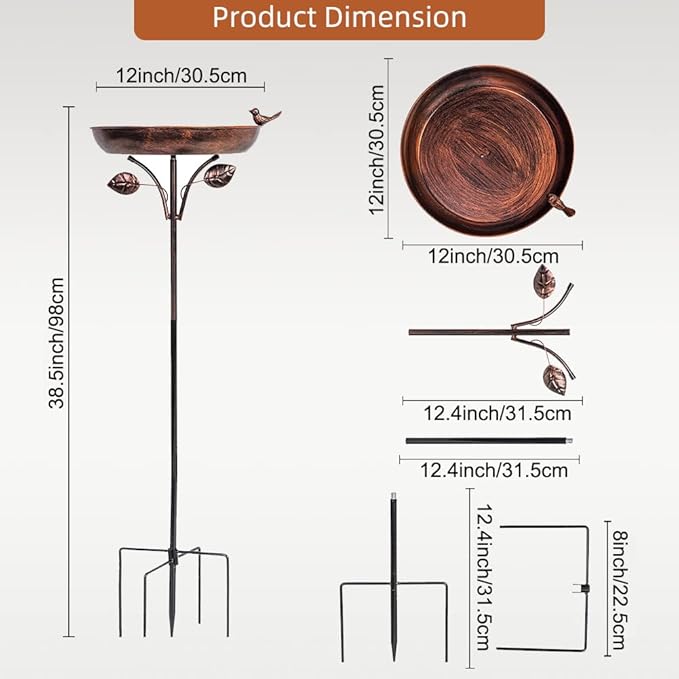 VEWOGARDEN Garden Metal Bird Bath 12" Bird Bath Bowl with 5 Prongs Base Stake, Vintage Bird Baths for Outdoors Cast Iron Birdbath Standing Bird Feeder Bath